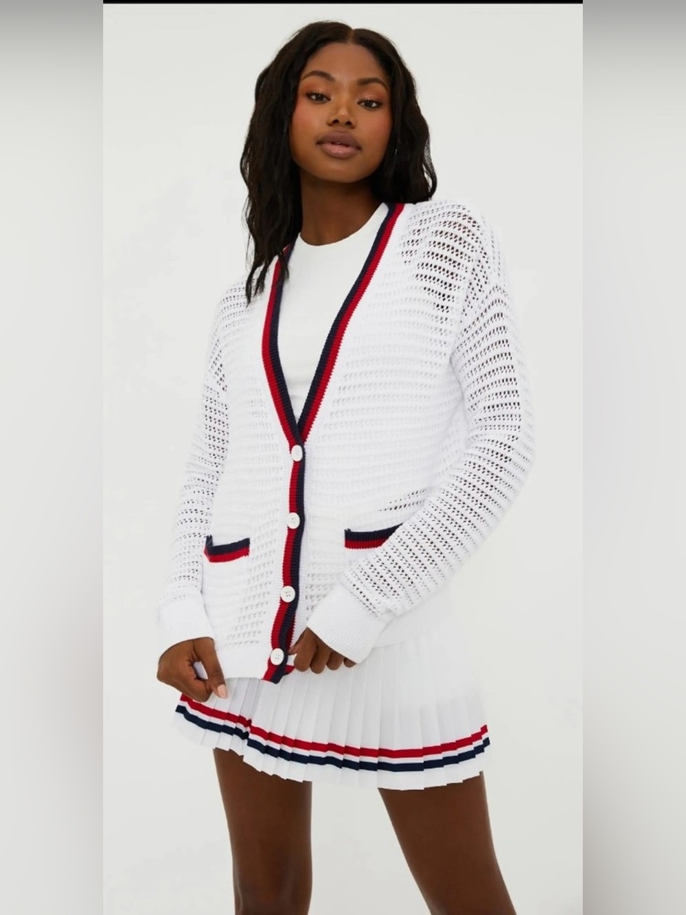 Beach Riot White Open-Knit Cardigan with Red & Navy Trim Size XS
